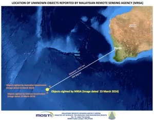 Location of unknown objects in the southern Indian Ocean, off the South West Coast of Perth, Australia.