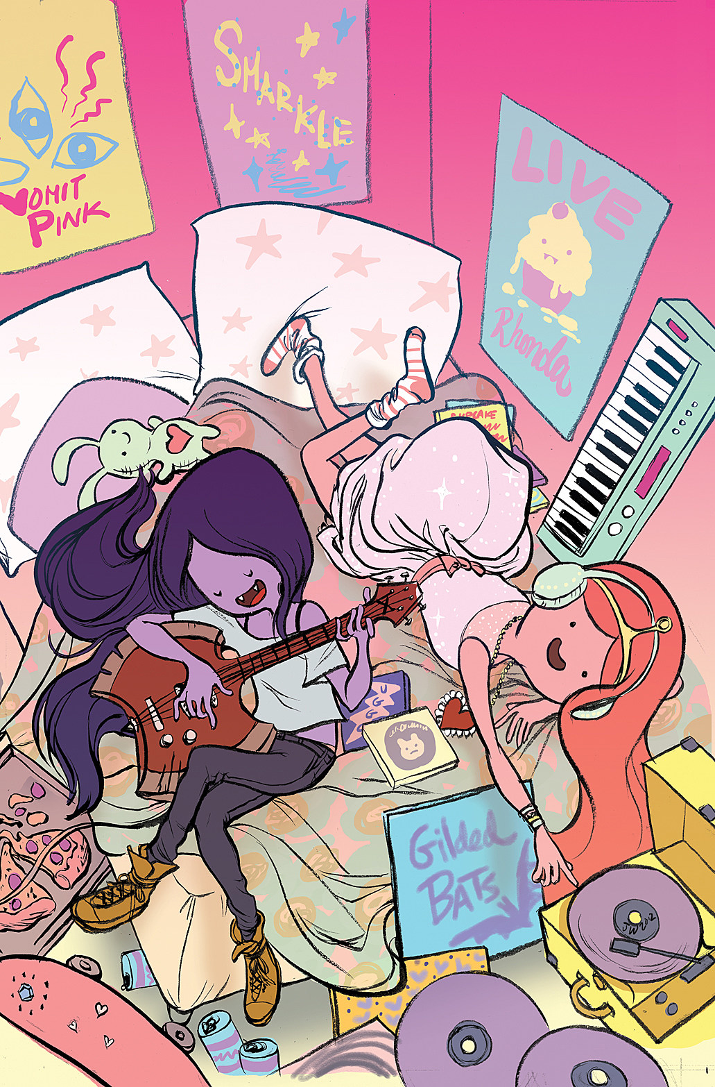 Marceline sitzt auf dem Bett und spielt Gitarre, Princess Bubblegum hört Musik