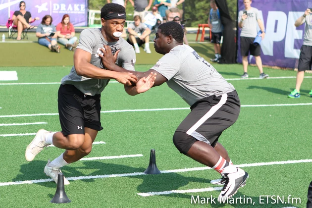 Atlanta's Tristan Allen (left) competes at the ETSN.fm + APEC Football Recruiting Combine in Tyler on May 22.