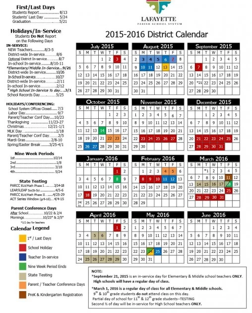 2015 2016 District Calendar Released For Lafayette Parish School System