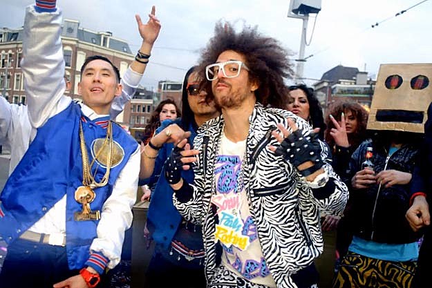  huge ghetto blaster radios a party rock atmosphere and Redfoo of LMFAO 