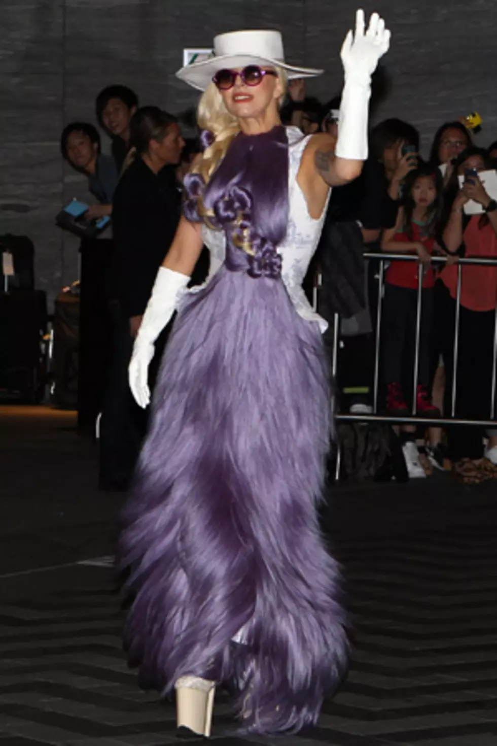 Lady Gaga Wears Purple Hair Dress in Hong Kong