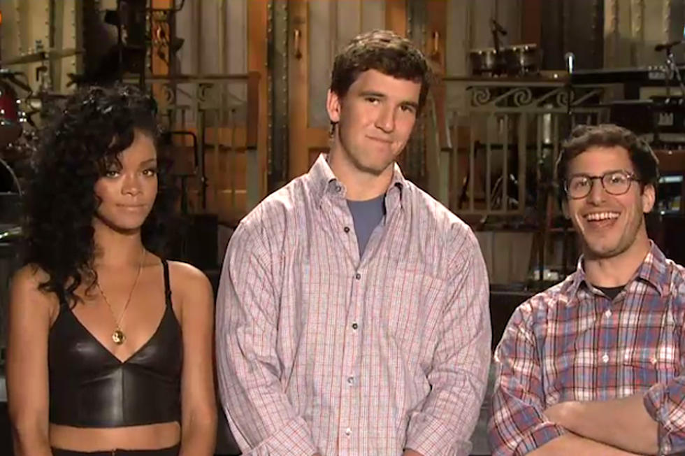 Rihanna Goes Long in &#8216;SNL&#8217; Promo With Eli Manning + Andy Samberg