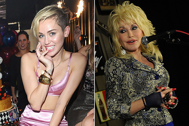 Miley Cyrus Dolly Parton NEW YORK, NY - OCTOBER 08: Miley Cyrus attends Miley Cyrus' Official Album Release Party for 'Bangerz' at The General on October 8, 2013 in New York City. (Photo by Jamie McCarthy/Getty Images for The General) NASHVILLE, TN - AUGUST 10: Cracker Barrel Music presents 'An Evening With... Dolly' Gold Record Celebration for her first Gold recording in 11 years and the first Certified Gold Recording in the Cracker Barrel Music Line. Presentation held at Dolly Records/CTK Management on August 10, 2012 in Nashville, Tennessee. (Photo by Rick Diamond/Getty Images)