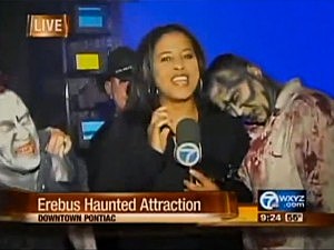 scared reporter haunted house